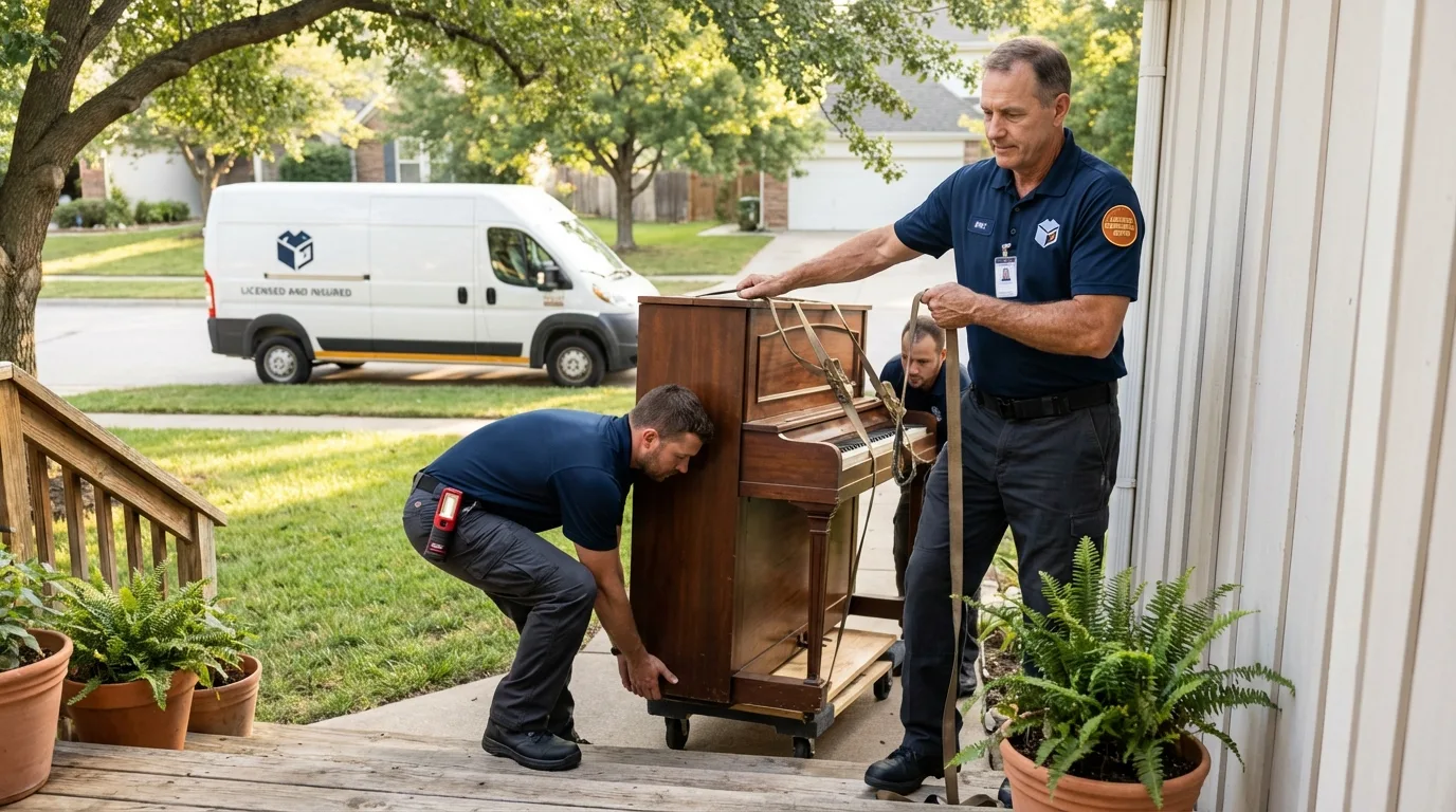 Licensed piano movers securing grand piano in Santa Ana, CA