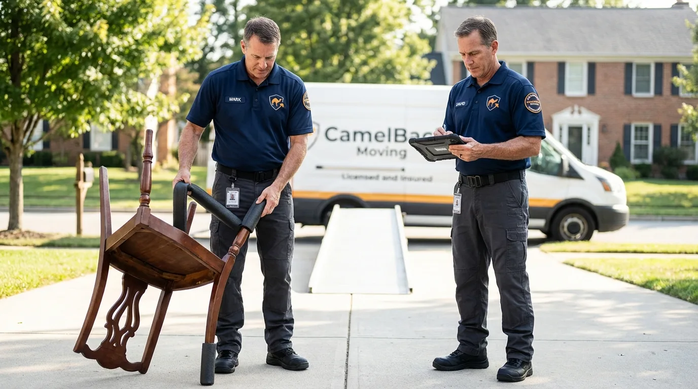 Movers inspecting furniture for damage prevention before loading in Santa Ana, CA