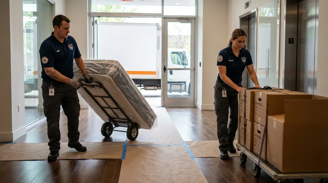 Professional apartment movers loading elevator in Santa Ana, CA